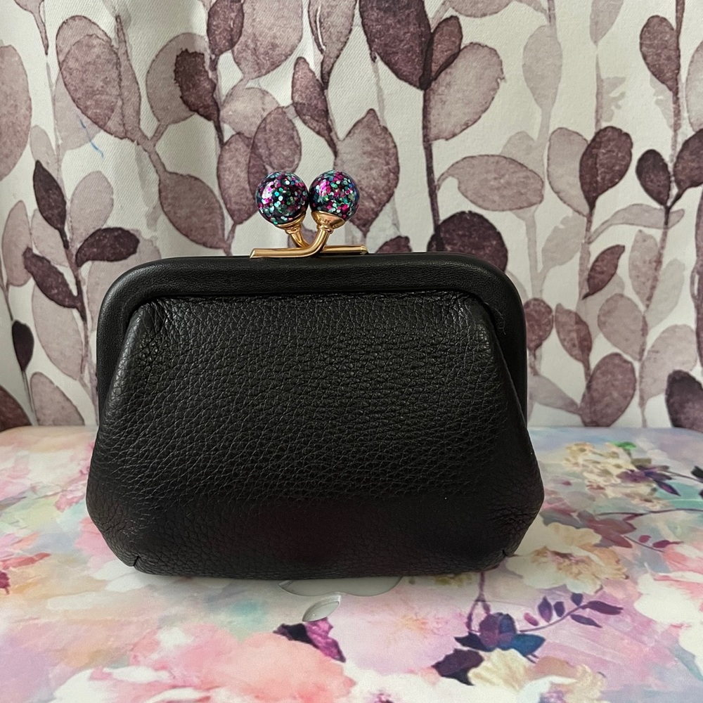 Coach Black Leather Kiss-Lock Coin Wallet with Glitter Kiss - Picture 3 of 4